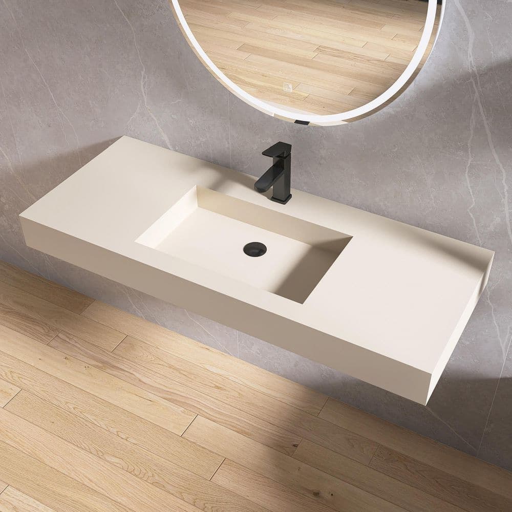 MEDUNJESS 47 in. x 19 in. Solid Surface Wall-Mounted Bathroom Vessel Sink in Cream with Faucet Hole (3)