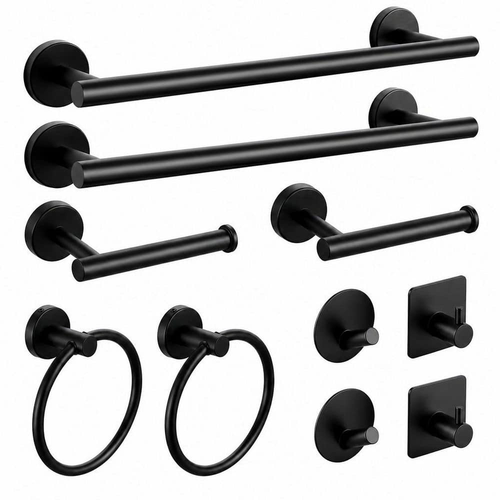 Wudkey 10-Piece Bathroom Hardware Set with 2 Towel Bars, 2 Rings, 2 TP Holders and 4 Hooks in Matte Black (1)
