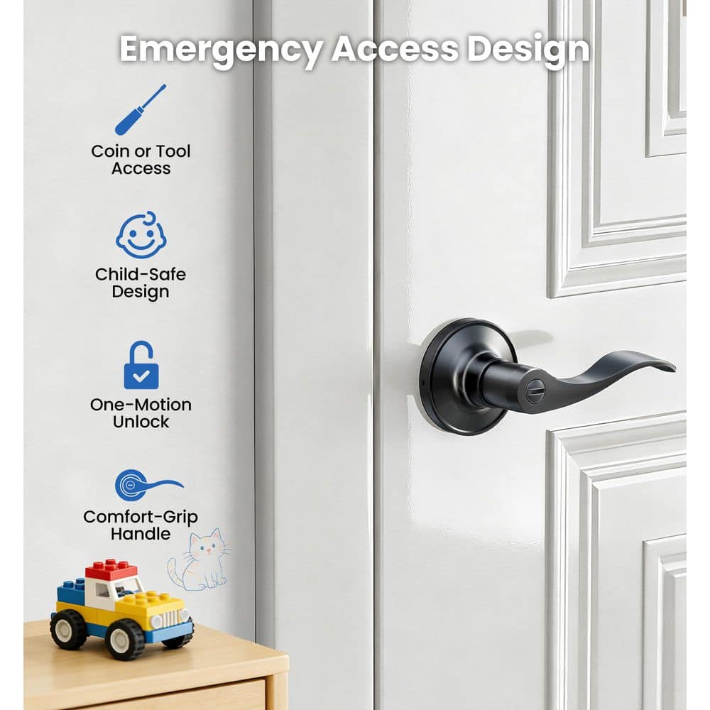 Wudkey 10-Piece Bath Hardware Set Included Privacy Door Levers in Black, Wave Style Interior Door Knobs for Bathroom (2)