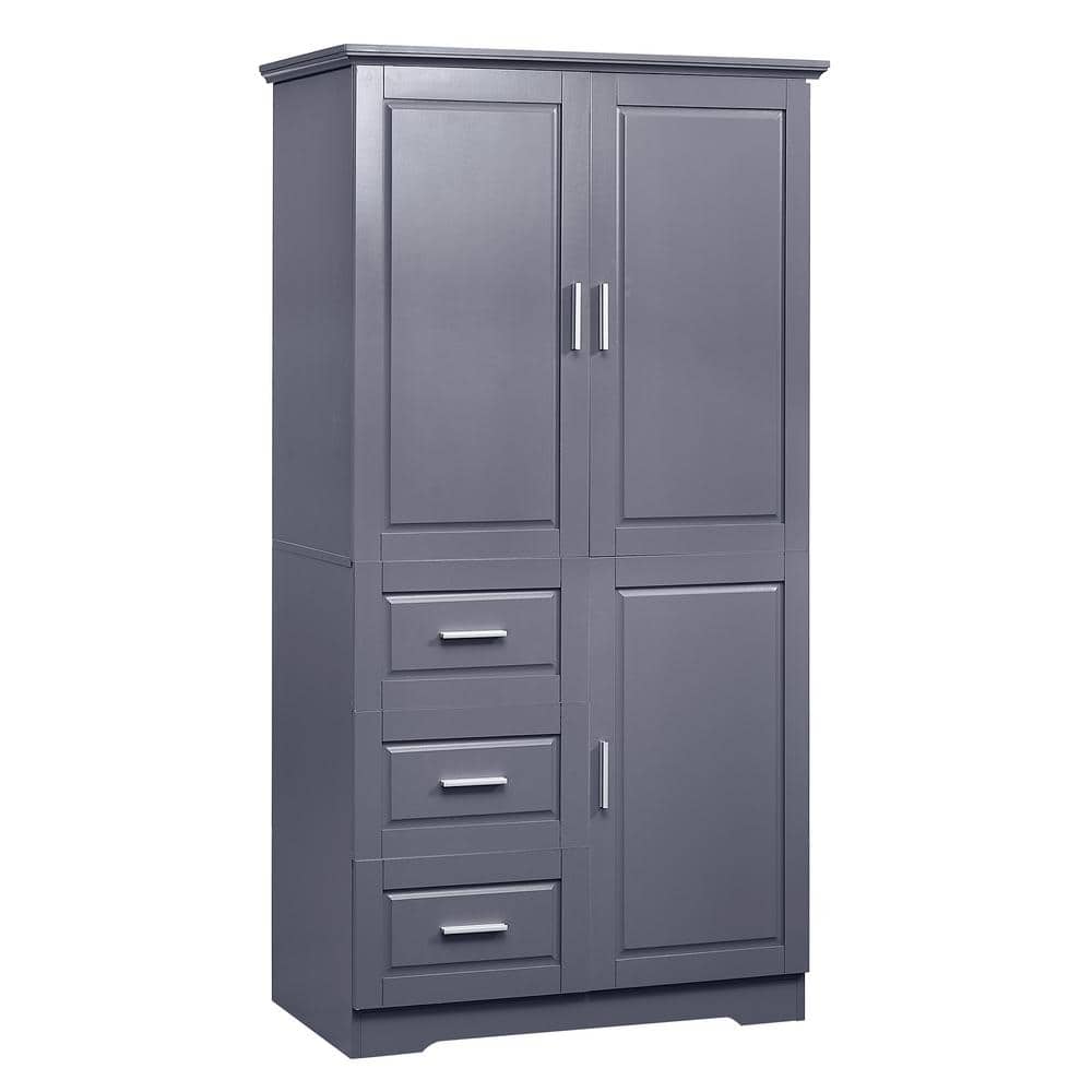 Unbranded 32.6 in. W x 19.5 in. D x 62.2 in. H Gray MDF Anti-Toppling Freestanding Bathroom Linen Cabinet with 3 Drawers