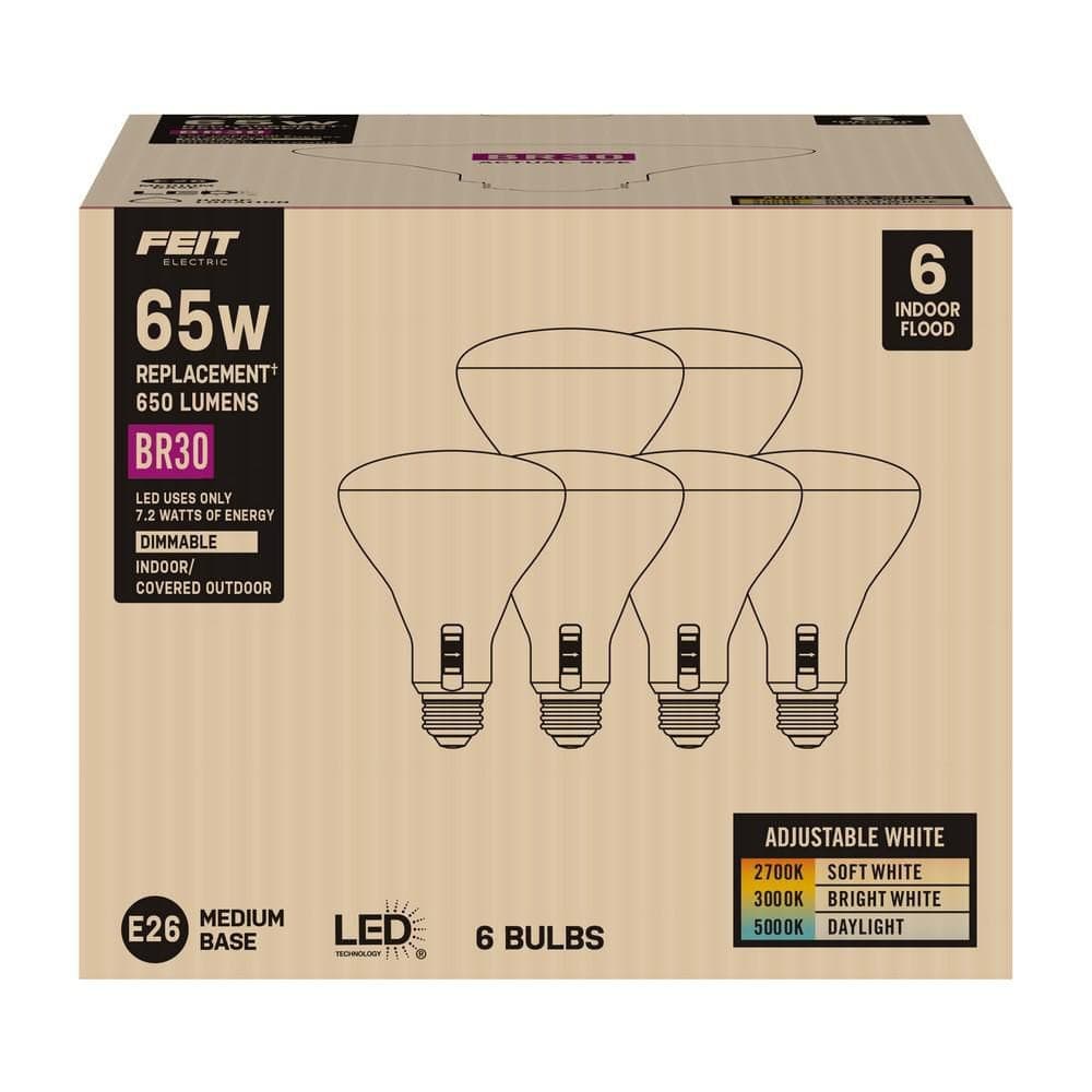Feit Electric 65-Watt Equivalent BR30 Dimmable 90 CRI E26 LED Light Bulb With Selectable Color Temperature (2700K/3000K/5000K) 6-Pack (4)
