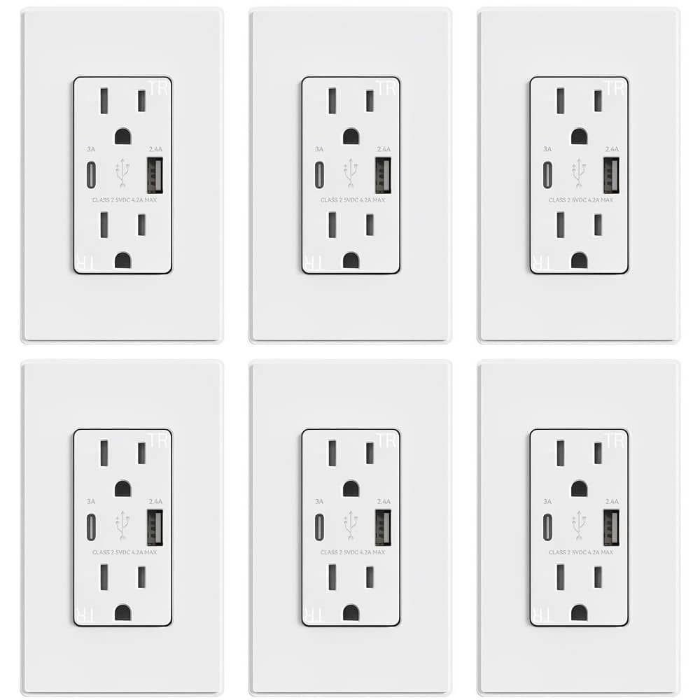 BIBIVIS 6Pcs Amp Tamper Resistant Wall Outlet with USB Ports, 21W USB Outlets Receptacles with Type A and Type C Ports (1)