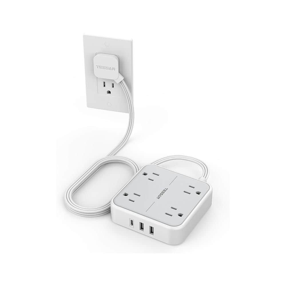 Lukyamzn 5 ft. Flat Plug Ultra Thin Extension Cord Power Strip 4-Outlets Surge Protector in White with 2 USB and 1 Type C Ports