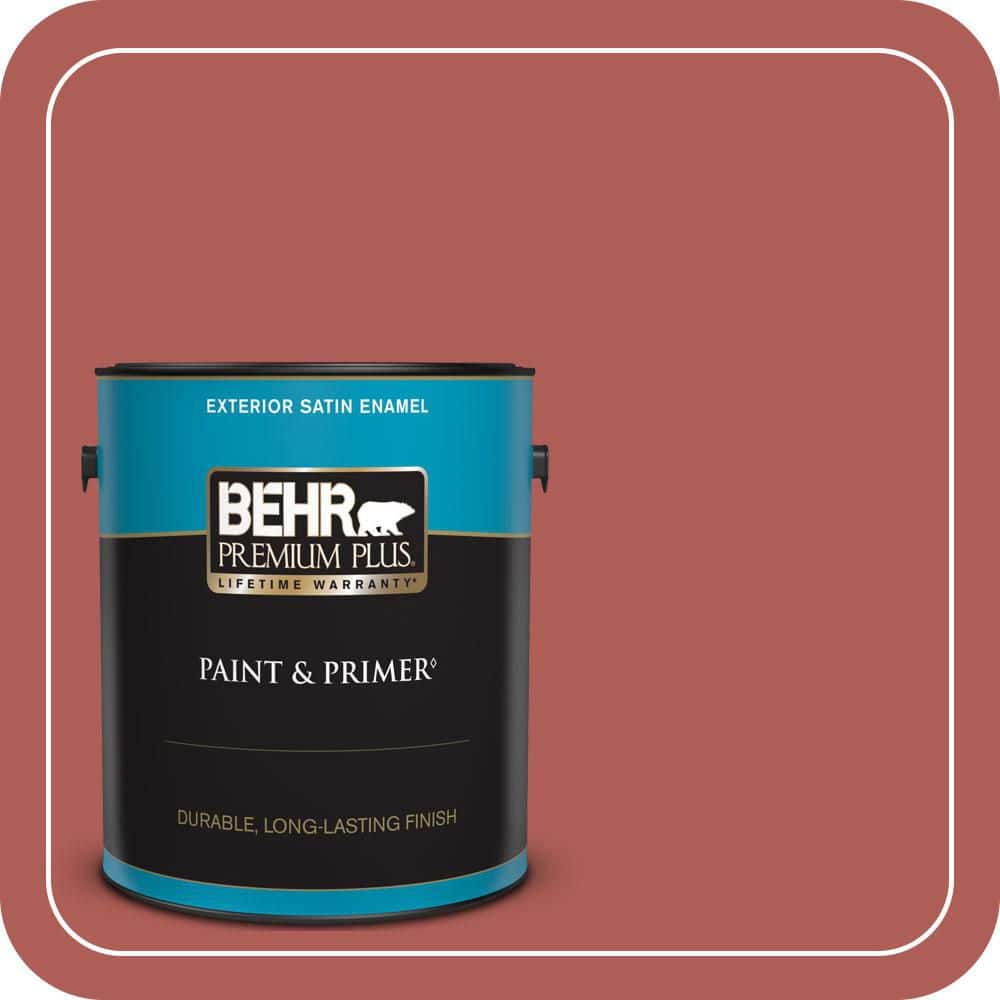 BEHR PREMIUM PLUS 1 gal. #T12-1 Prairie Poppy Satin Enamel Exterior Paint & Primer