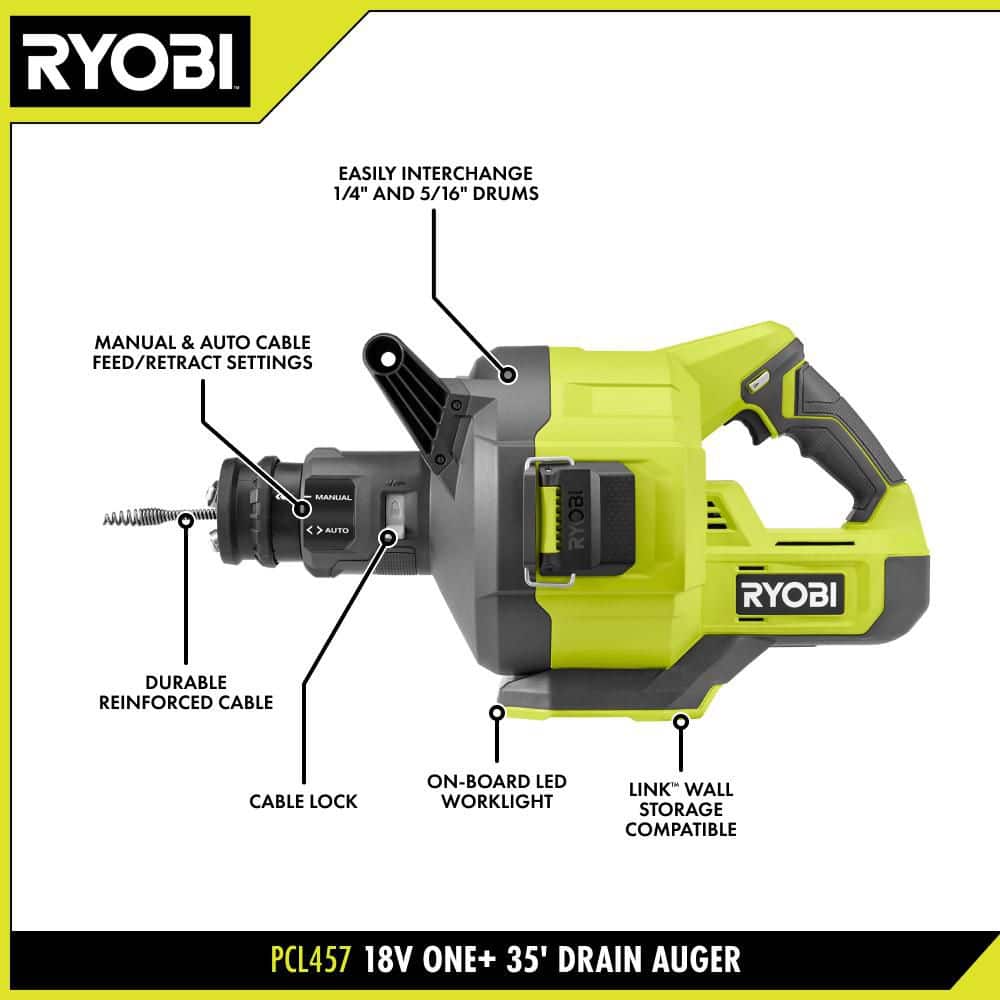 RYOBI ONE+ 18V Cordless Drain Auger with Cable, LED Light, Auto Feed/Retract, Cable Lock, Enclosed Drum (Tool Only) (3)