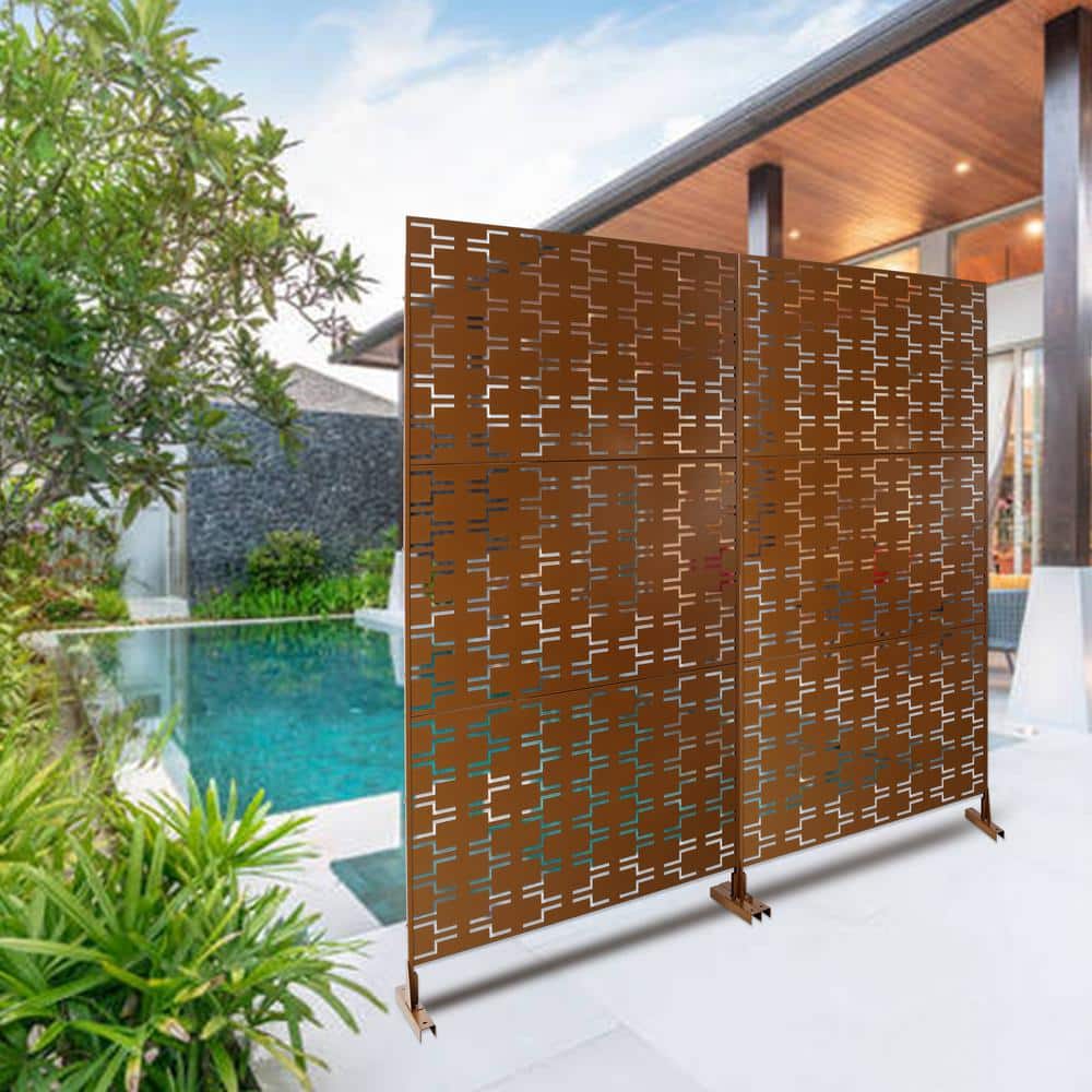 Zeus & Ruta 76 in. H x 48 in. W Brown Metal Outdoor Privacy Screen, Decorative Privacy Screen Privacy Fence Panels for Patio (3)
