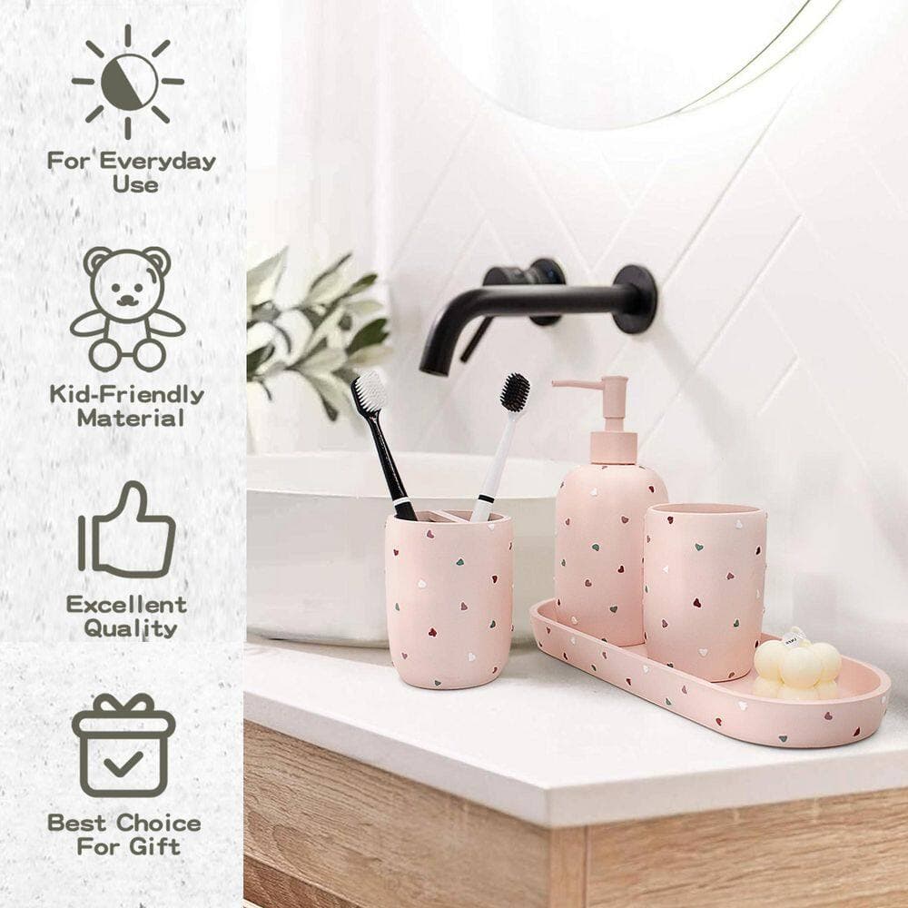 Wudkey 4-Piece Bath Accessory Set, Premium Pastel Heart Bathroom Accessory Complete Set in Pink (3)