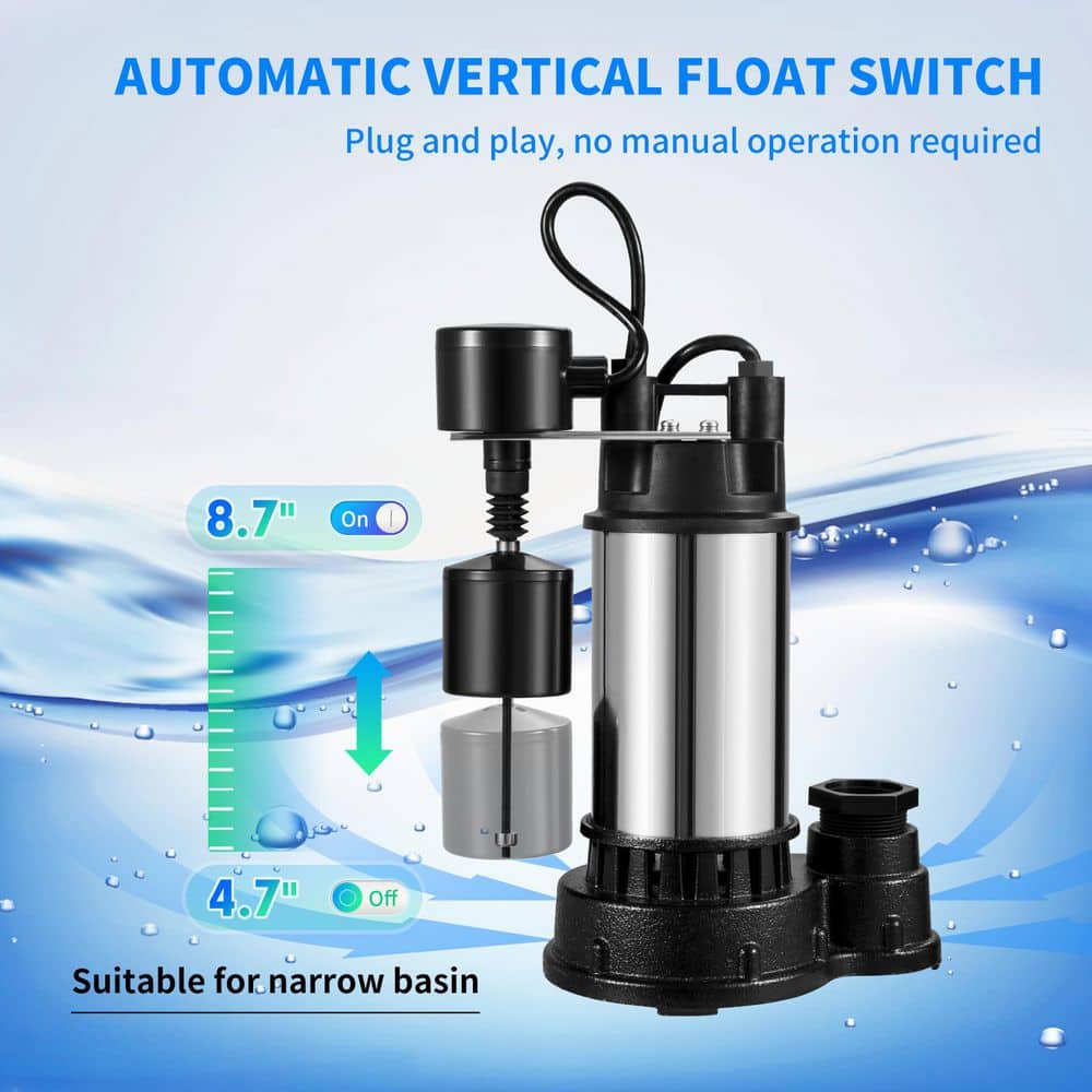 SKYSHALO 1.5 HP Submersible Sump Pump, 6000 GPH, Cast Iron & Steel, Vertical Float Switch, UL Tested for Flooding (2)