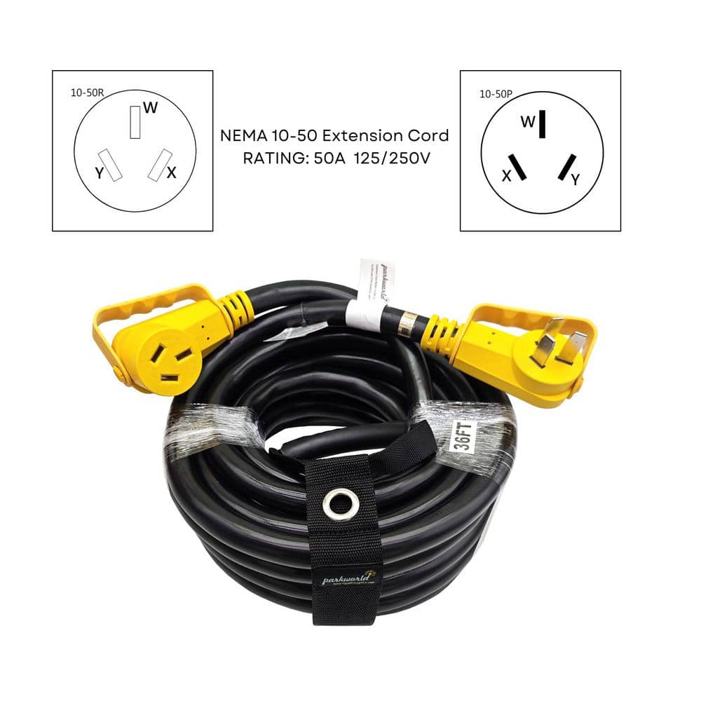 parkworld 36 ft. 6/3 Heavy Duty 50 Amp Outdoor NEMA 10-50 Range/EV Extension Cord With Handle and Lighted End, Black (3)