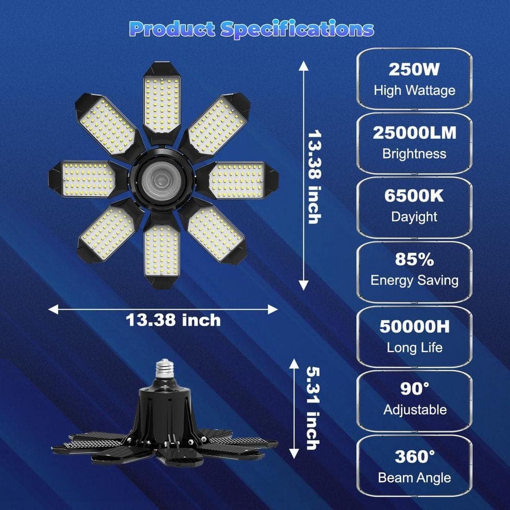 Lukyamzn 25000-Lumens LED Garage Ceiling Light with 8-Adjustable Panels and Center Spotlight 6500K E26/E27 Socket (2)