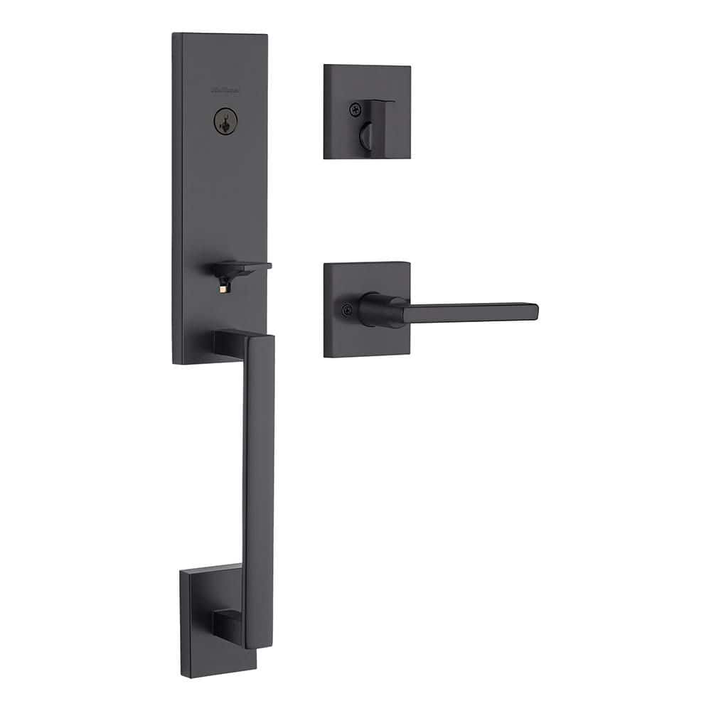 Kwikset Vancouver Matte Black Keyed Entry Single Cylinder Door Handleset with Halifax Door Handle Featuring SmartKey Security