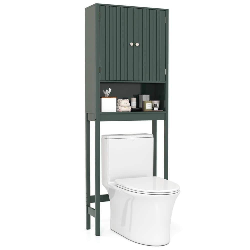 HONGGE Over-the-Toilet Freestanding Cabinet Fluted Double Doors Magnetic Catch Anti-Toppling Bathroom Organizer (1)