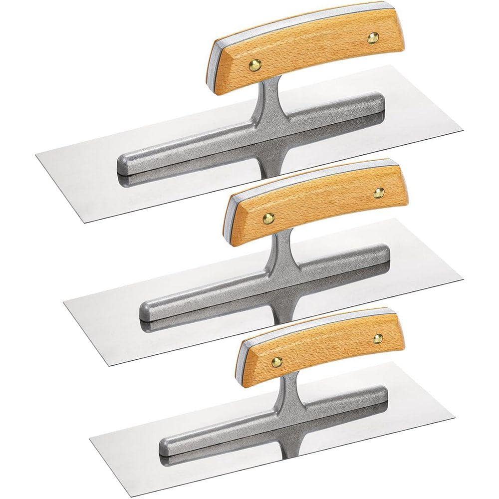 KIWDZFU 11.8 x 3.7 Flat Stainless Steel Plastering Trowel with Wood Handle 10.6x3.7 and 9.8x3.7 Masonry Finishing Trowel Set (1)