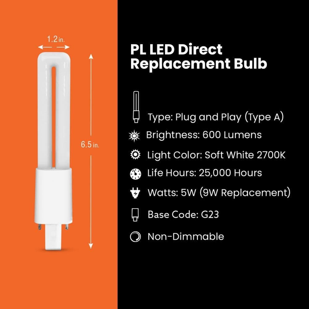 Feit Electric 9-Watt Equivalent PL Twin Tube CFLNI Bi-Pin Plug-In G23 Base CFL Replacement LED Light Bulb, Soft White 2700K (1-Pack) (4)