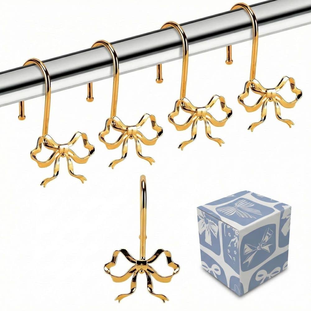 KHKFY Gold Bow Knot Zinc Alloy Shower Curtain Hooks Rustproof Decorative Glide Rings for Bathroom Set of 12 in