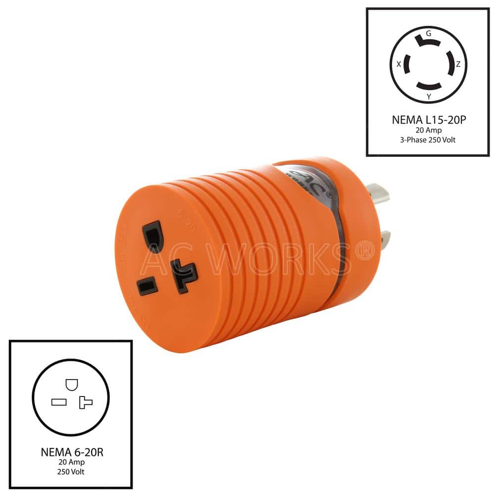 AC WORKS Adapter L15-20P 20A 3-Phase 250V 4-Prong Plug to 6-15/20R 250V 15/20A T-Blade (2)