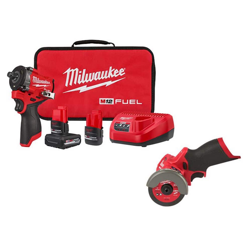 Milwaukee M12 FUEL 12V Li-Ion Brushless Cordless Stubby 1/2 in. Impact Wrench Kit with Cut Off Saw, Batteries and Charger (1)