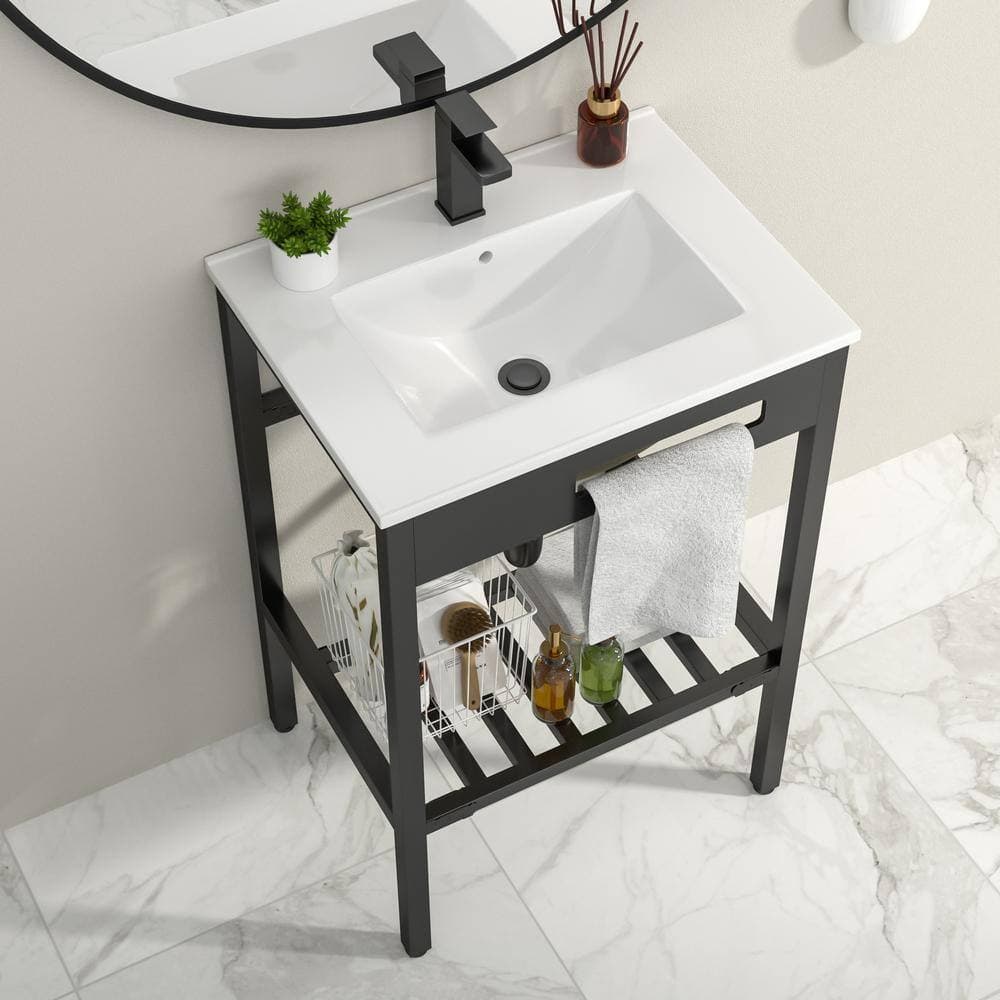 Logmey 24 in. Ceramic White Single Bowl Sink and Stainless Steel Base in Matte Black Combo with Overflow (2)