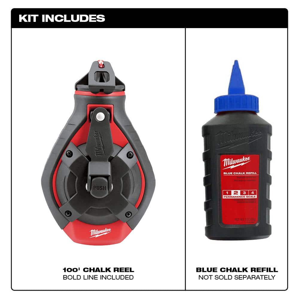 Milwaukee 100 ft. Bold Line Chalk Reel Kit with Blue Chalk and FASTBACK Compact Folding Utility Knife (3)