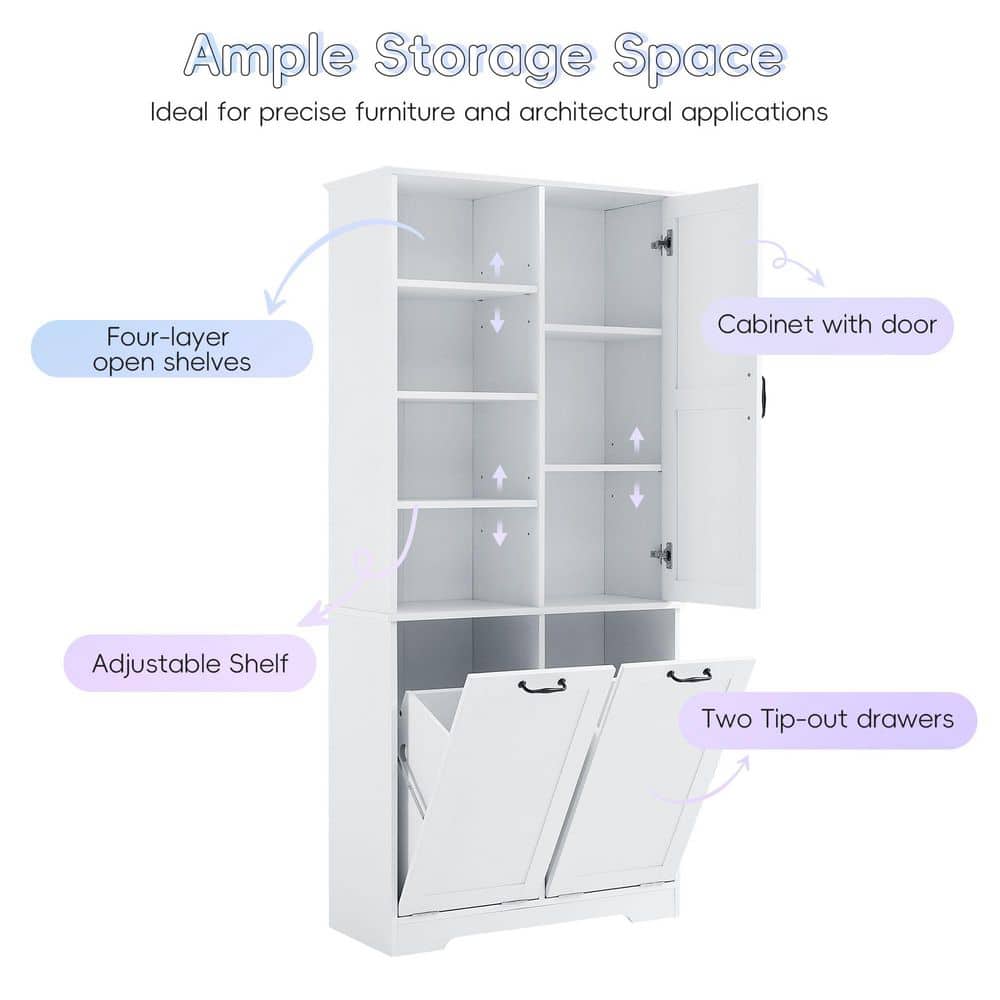 Runesay 31 in. W x 14 in. D x 68 in. H White Wood Freestanding Tilt-Out Laundry Hamper Linen Cabinet with Door and Open Shelves (3)
