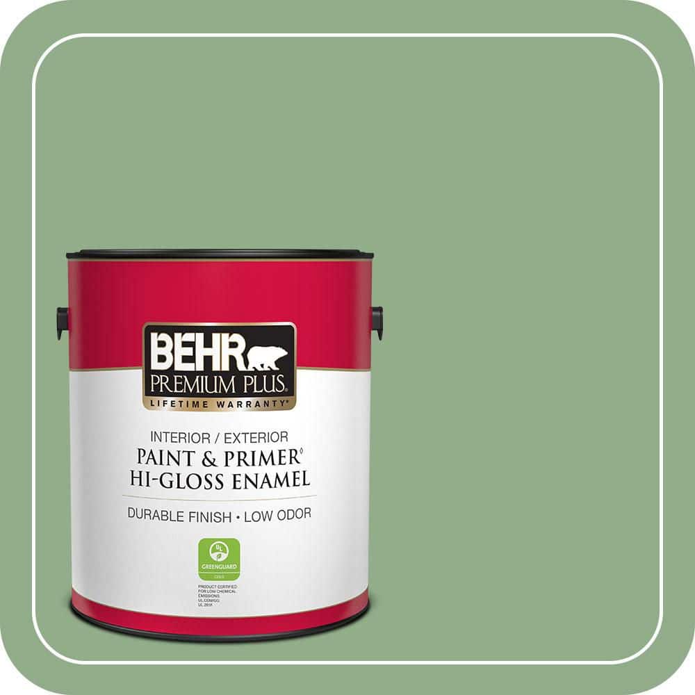 BEHR PREMIUM PLUS 1 gal. #MQ6-46 Flora Green Hi-Gloss Enamel Interior/Exterior Paint & Primer (1)