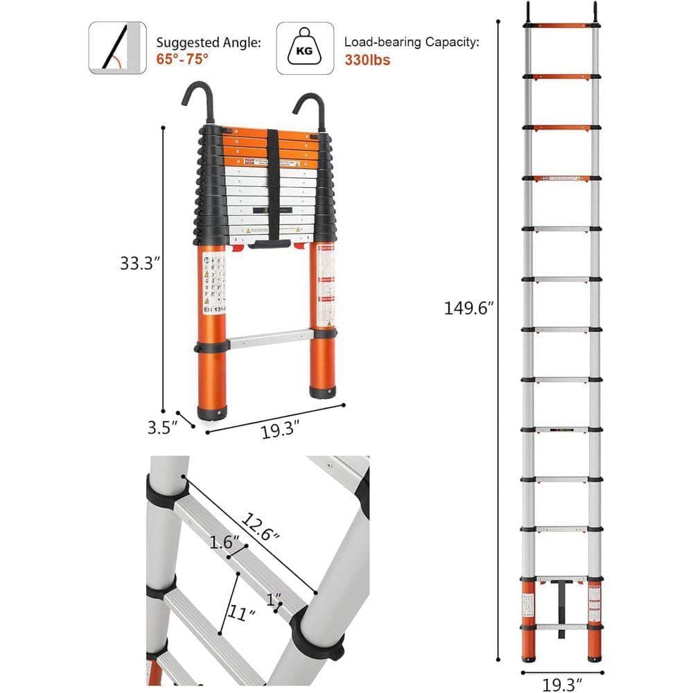 KIWDZFU 12.5 ft. Aluminum Telescoping Extension Ladder with 1-Button Retraction and 330 lb. Capacity Safe and Portable Design (3)