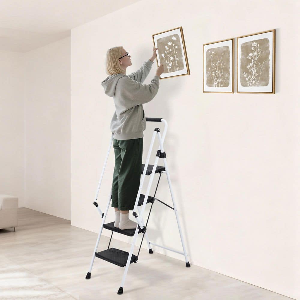 Tatayosi Light Folding 4-Step Ladder Multi-purpose Step Stool with Wide Anti-Slip Pedal and Safety Handle, White (3)