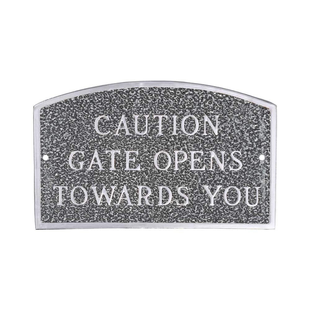 Montague Metal Products 13 in. x 21 in. Large Arch Caution Gate Opens Towards You Statement Plaque Sign - Swedish Iron