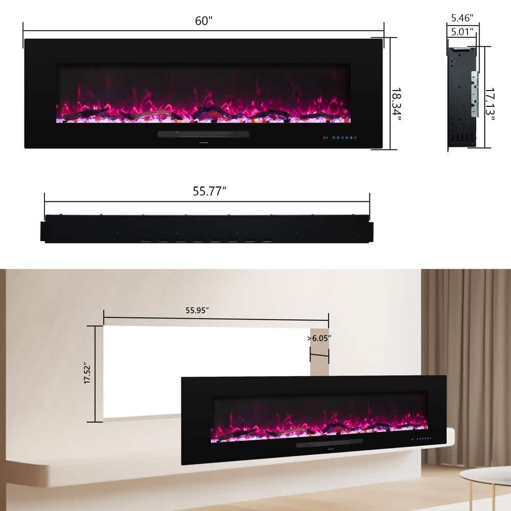 Prismaster ...keeps your home stylish 60 in. Electric Fireplace, Fireplace Insert/Wall Mounted with Thermostat, 1500-Watt to 750-Watt in Black (3)
