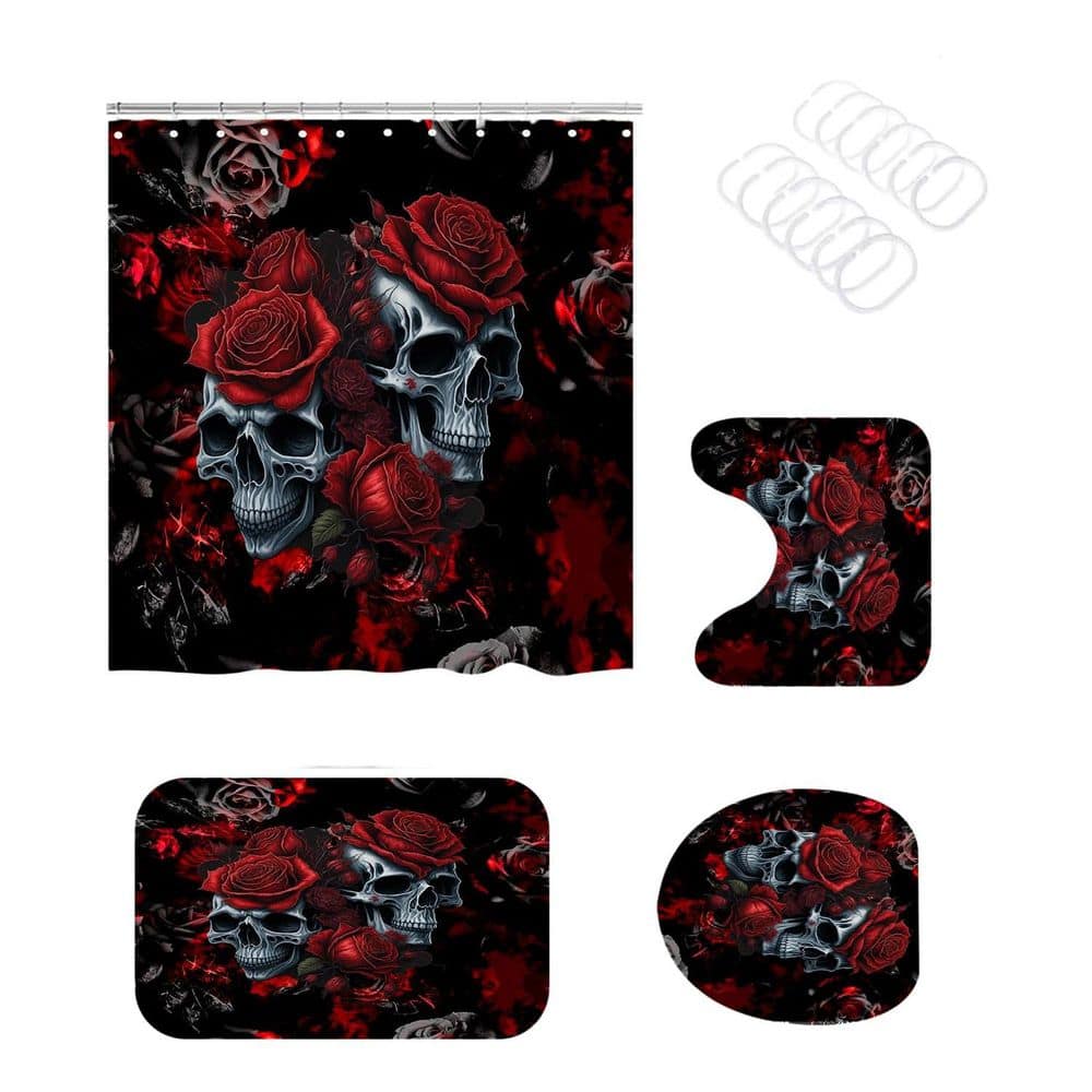 Wudkey 4-Piece 72 in. W x 72 in. L Halloween Skull Shower Curtain Set in Red Black with Rug, Mat, Toilet Lid Cover and Hooks (1)