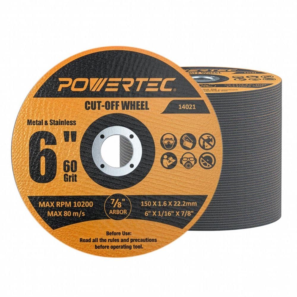 ‎POWERTEC 6 in. Metal Cut Off Wheels, 50-Pack, Iridium-Coated Aluminum Oxide 60 Grit, 1/16 in. Thick with 7/8 in. Arbor (1)