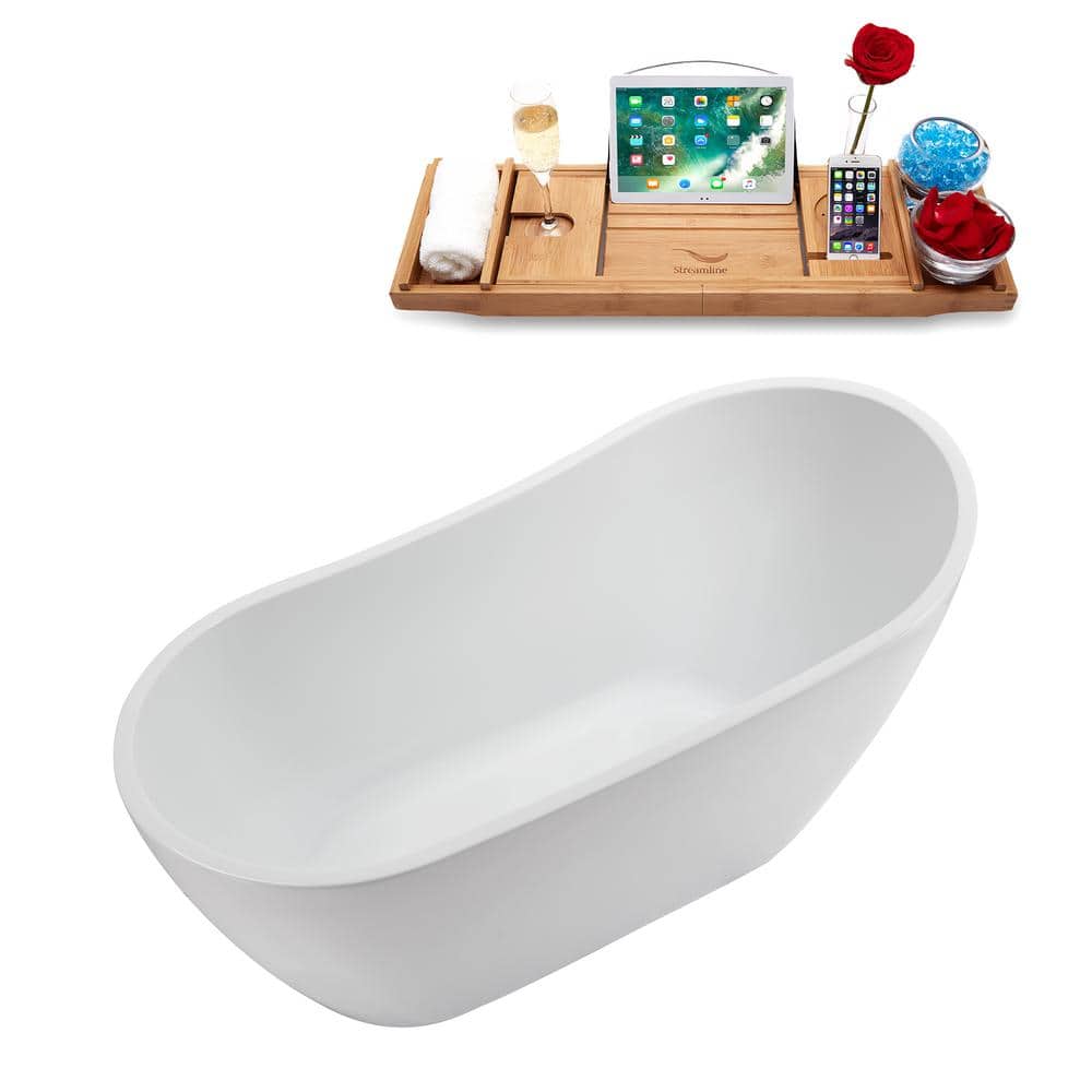 Streamline 55 in. 28 in. Acrylic Freestanding Soaking Bathtub Glossy White With Polished Chrome Drain (3)