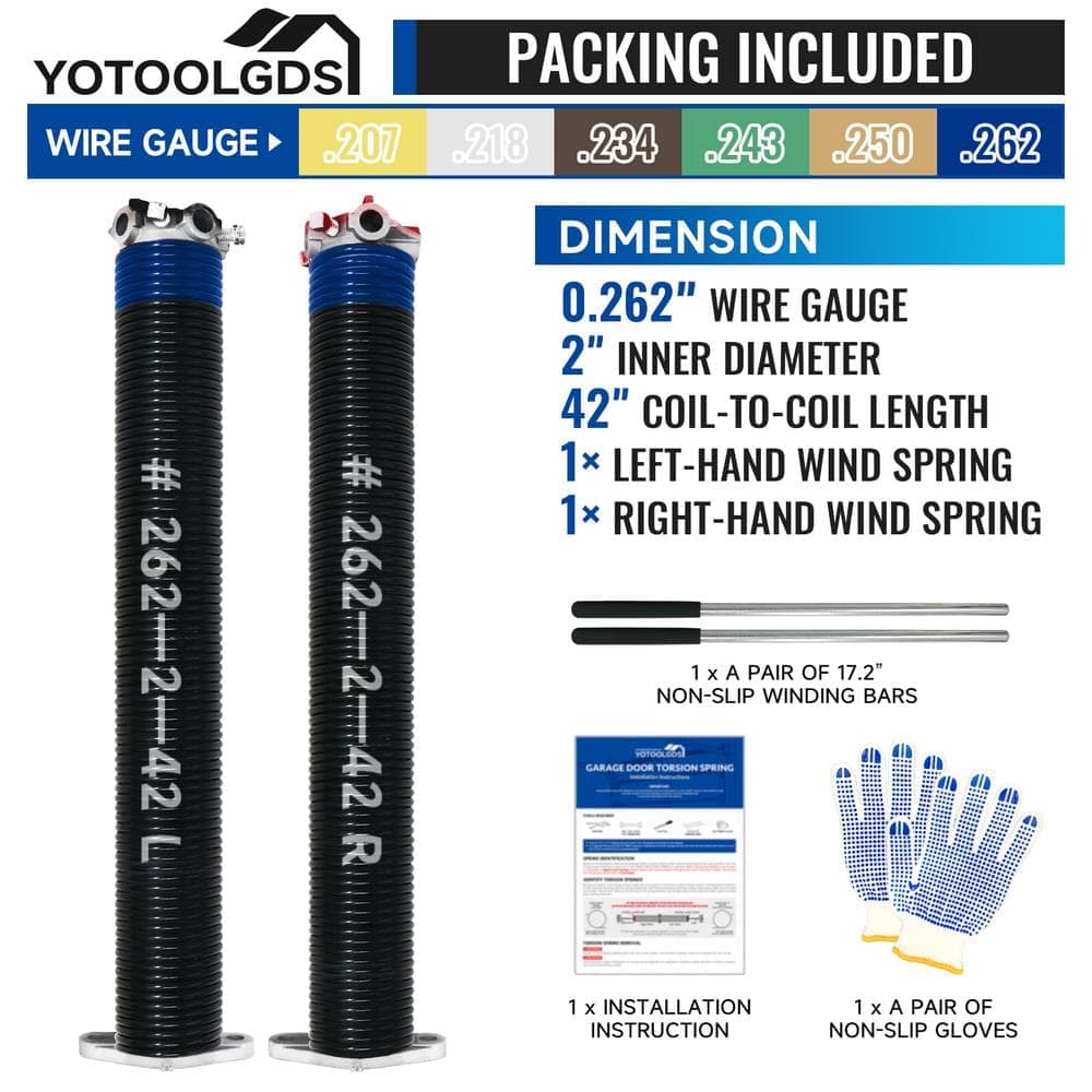 YOTOOLGDS 0.262 in. Wire x 2 in. x 42 in. L Electrophoresis Garage Door Torsion Springs in Blue Left and Right with Winding Bars (2)