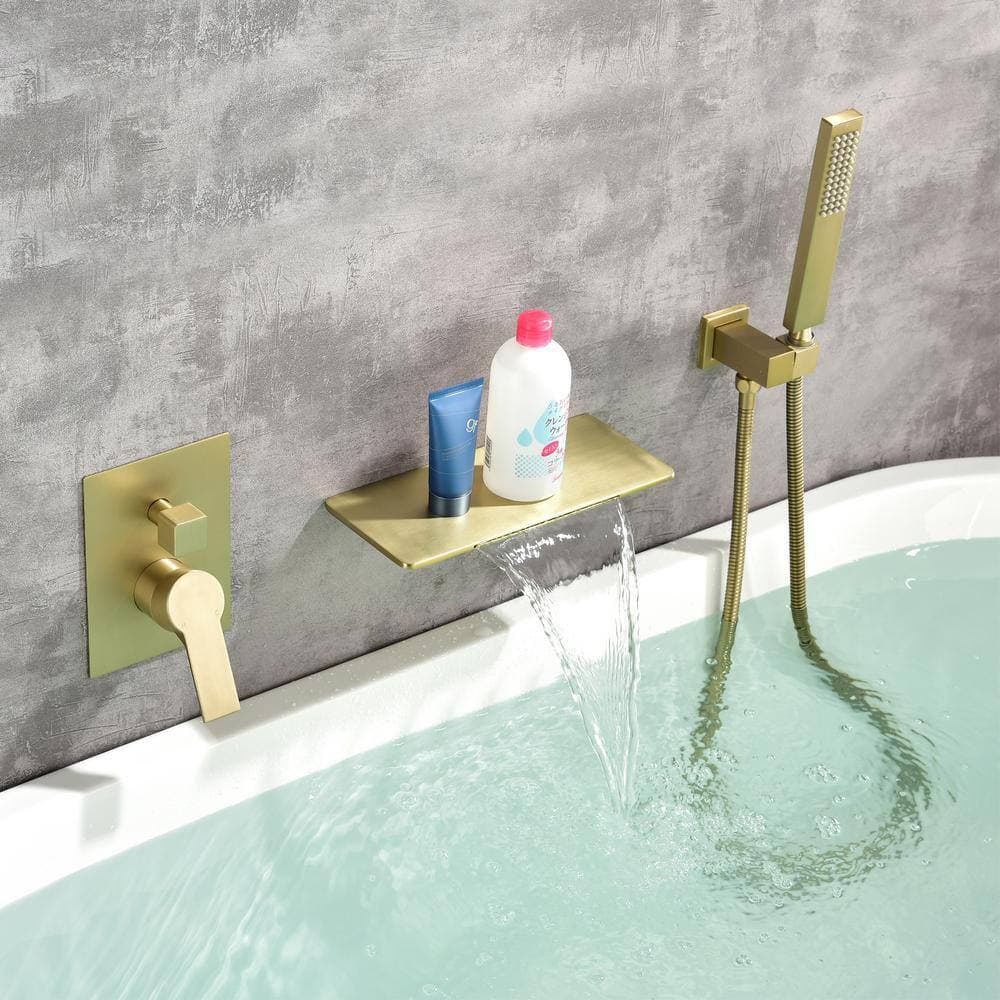 Aurora Decor Pomelo Single-Handle Wall Mount Roman Tub Faucet with Hand Shower in Brushed Gold (Valve Included) (2)