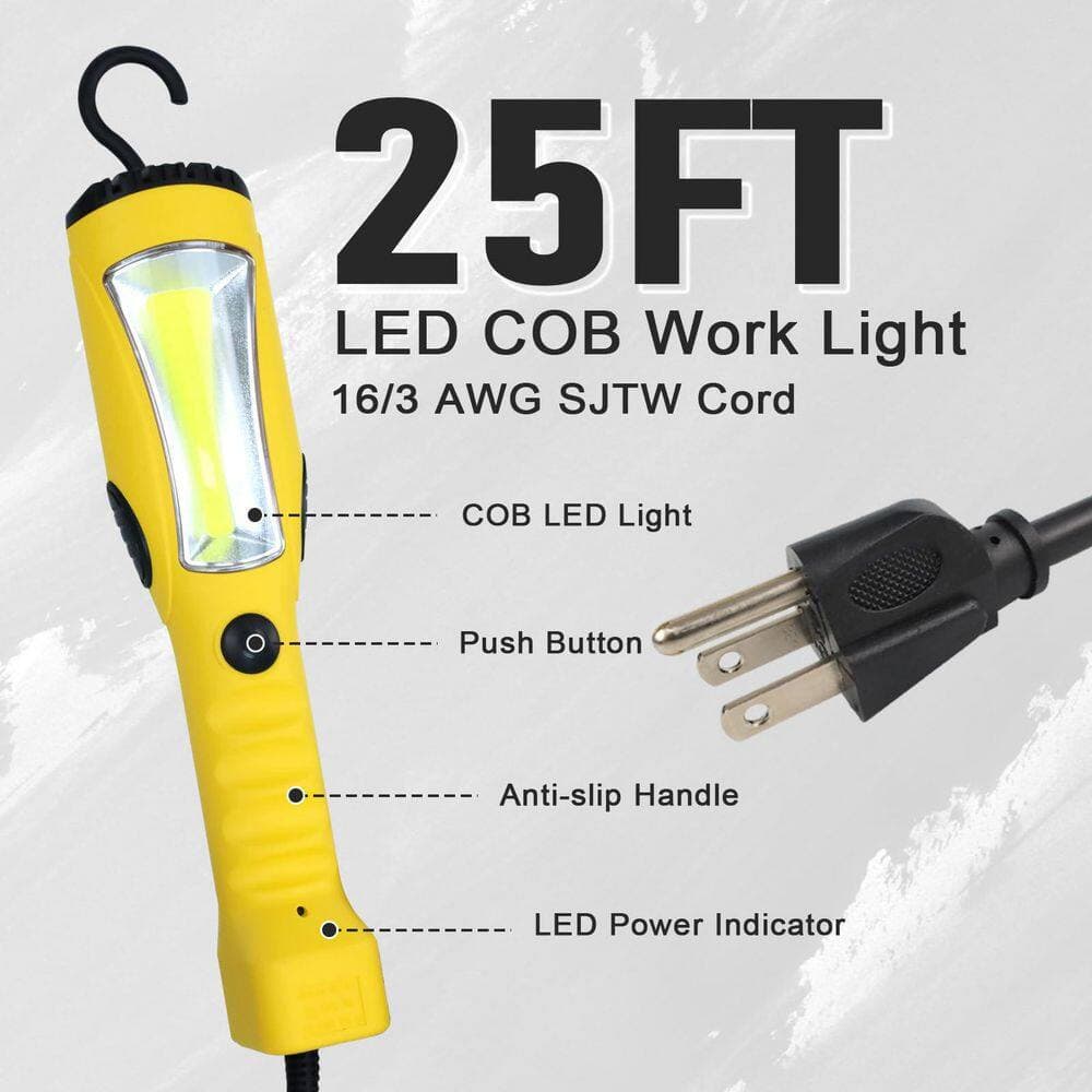 BeamBox 120V 25 ft. LED Work Light, 1200 Lumen COB Trouble Light with Magnetic Base, Rotatable Hook, Yellow (3)