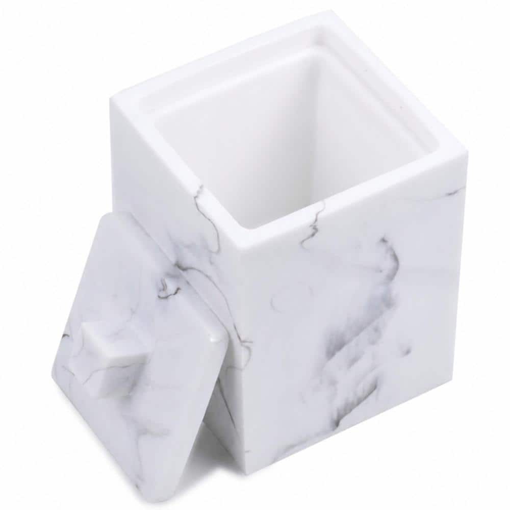 Unbranded Qtip Holder with Lid Marble Look Resin Vanity Storage for Bathroom, Square Cotton Swab Organizer, White