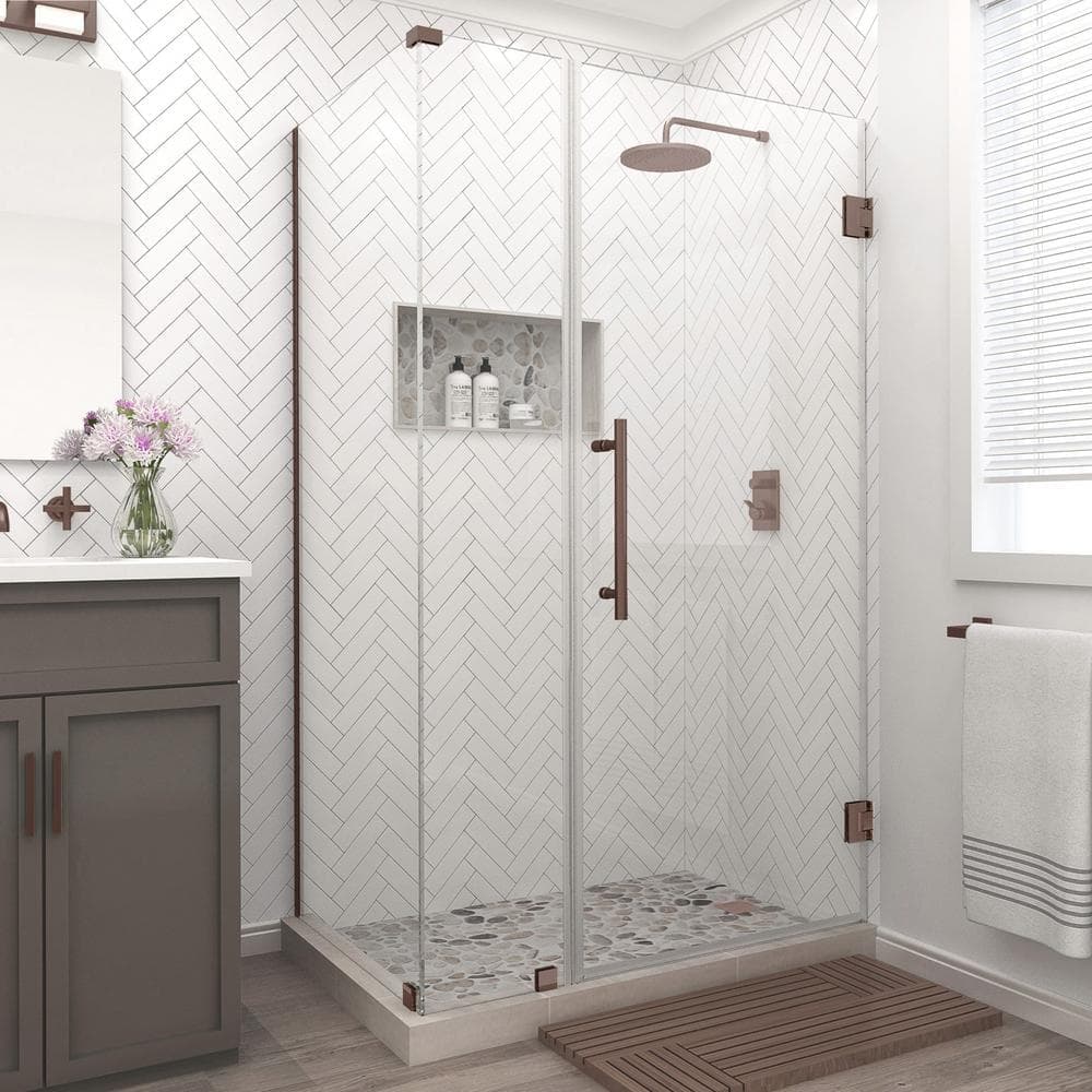 Aston Bromley 50.25 in. - 51.25 in. x 34.375 in. x 72 in. Frameless Corner Hinged Shower Door in Bronze (1)
