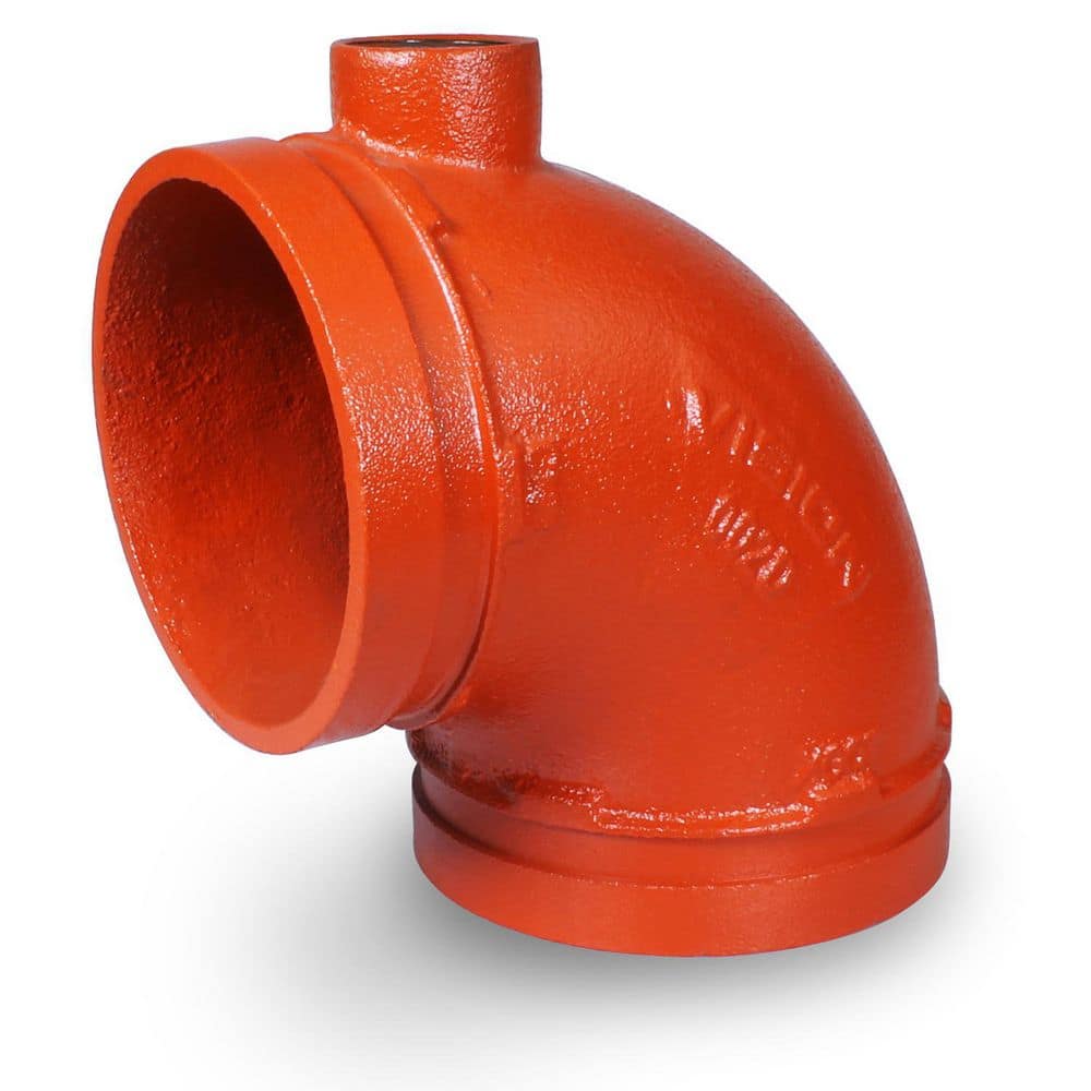 PLUMBFLEX 4 in. Ductile Iron 90-Degree Grooved Elbow Fitting with Drain, Joins Pips in Wet and Dry Systems, Full Flow, Orange (1)