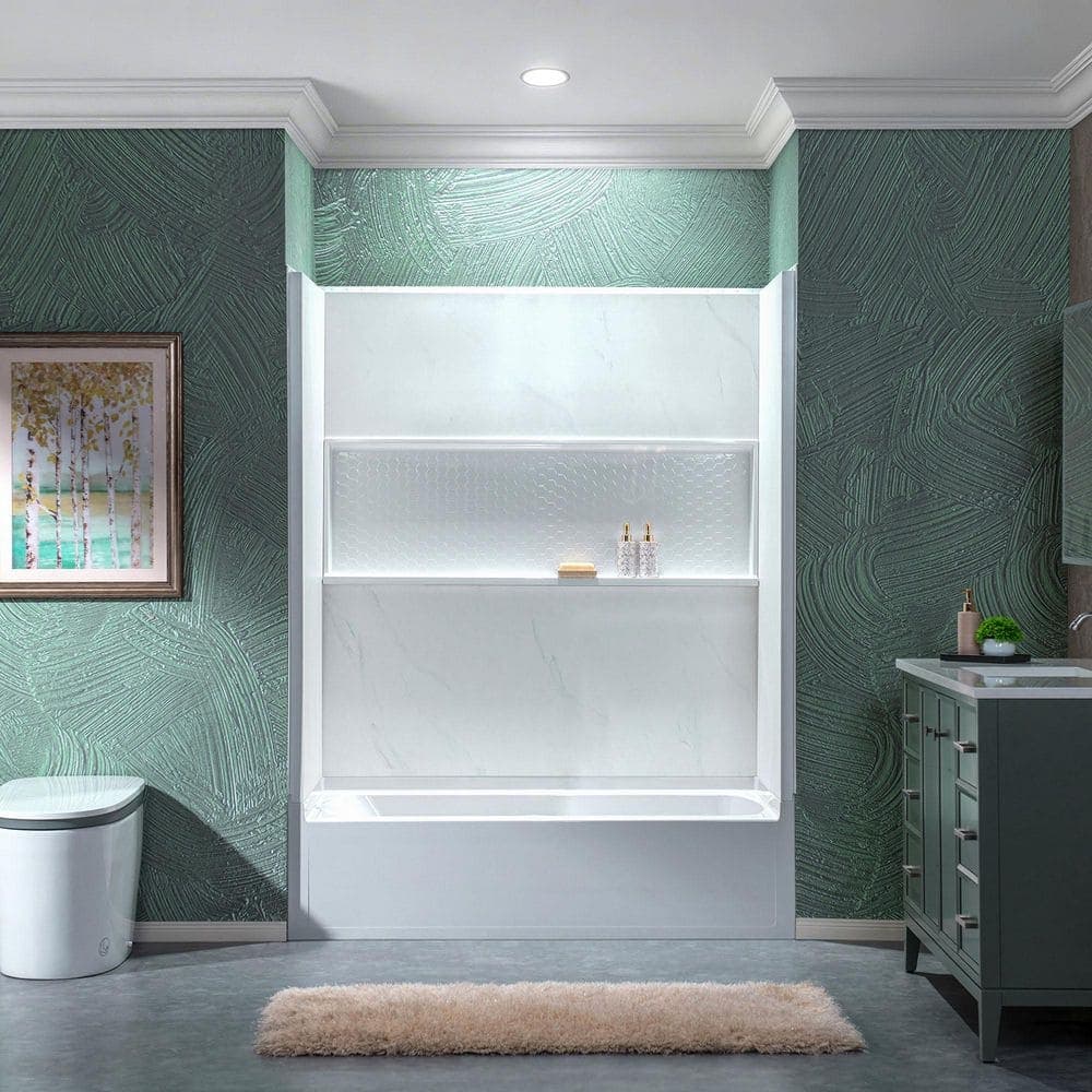 WOODBRIDGE 32 in. x 60 in. x 64 in. 4-Piece Easy Glue Up Alcove Tub Surrounds with Built-In Shelf in Carrara White (1)