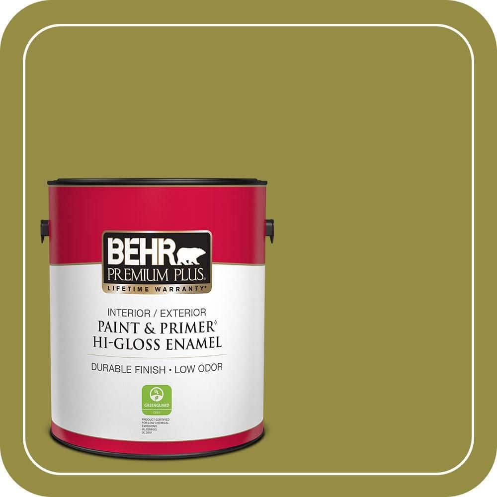 BEHR PREMIUM PLUS 1 gal. #PPU9-03 Retro Avocado Hi-Gloss Enamel Interior/Exterior Paint & Primer