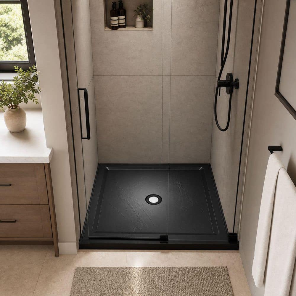 WELLFOR 36 in. L x 36 in. W x 3.5 in. H Alcove Square Acrylic Anti-Slip Shower Pan Base with Center Drain in Slate Black (1)