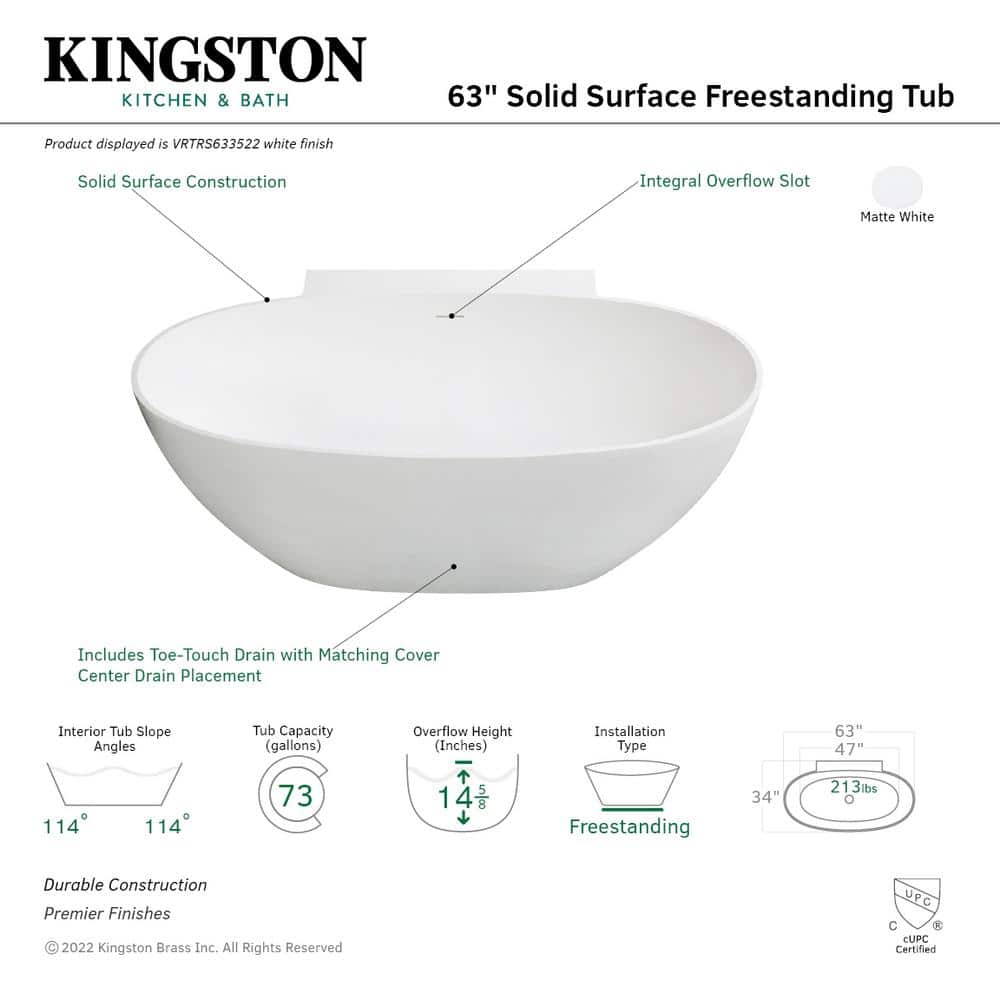 Kingston Brass Arcticstone 63 in. x 34 in. Solid Surface White Stone Freestanding Soaking Bathtub in Matte White with Drain (2)