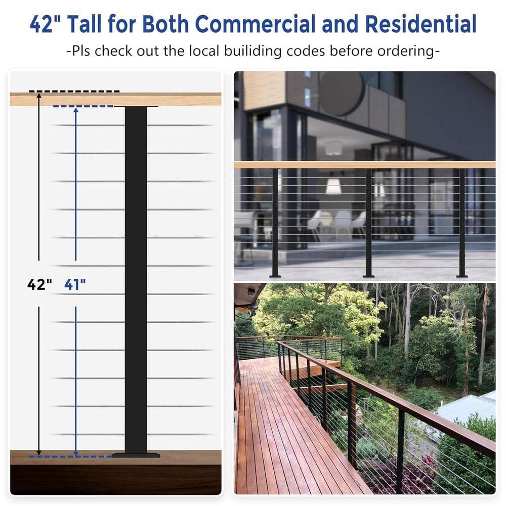 Afoxsos Stainless Steel 42 in. Cable Railing Line Post with Cable Grommets Black Finish Flat Top Deck Post (3-Pack) (3)
