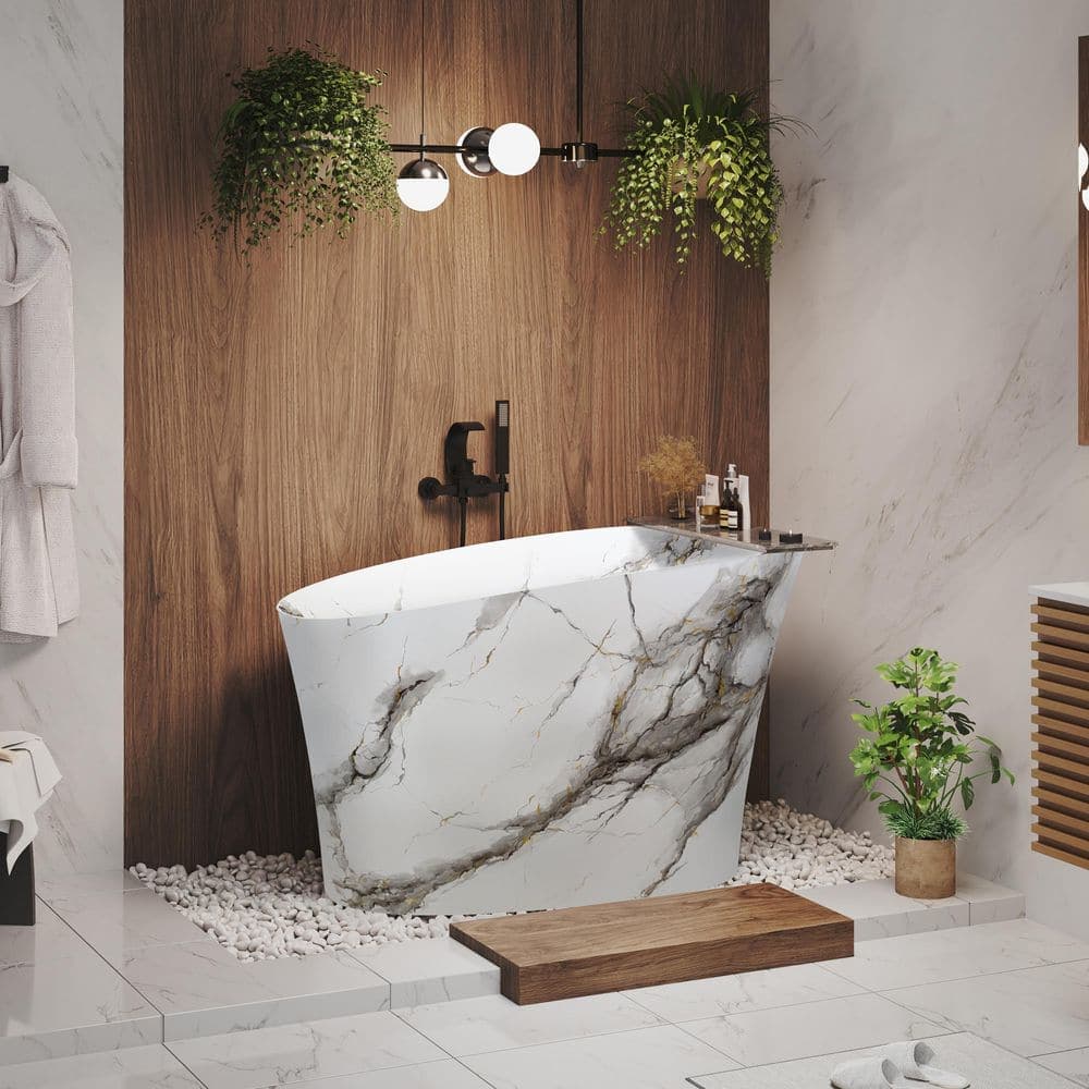 CASAINC 51in. x 27.5 in. Freestanding Solid Surface Soaking Bathtub with Center Drain in Marble-Look Matte White (2)