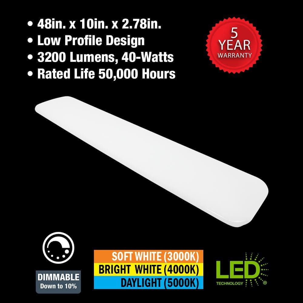 Commercial Electric 48 in. x 10 in. Classic White LED Flush Mount Closet Light 3200 Lumens 40-Watt Adjustable CCT Kitchen Light Dimmable (3)