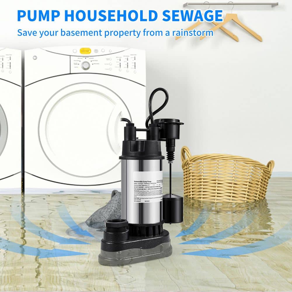 SKYSHALO 1.5 HP Submersible Sump Pump, 6000 GPH, Cast Iron & Steel, Vertical Float Switch, UL Tested for Flooding (3)