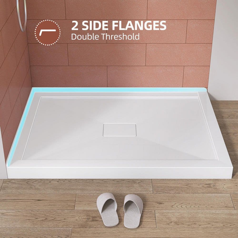 Zeafive Moca 48 in. L x 36 in. W Corner Double Threshold Acrylic Shower Pan Base with Center Drain Cover Shower Tray in White (2)