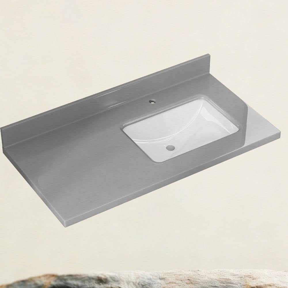 Getpro 42 in. W x 22 in. D Engineered Stone Right White Rectangular Undermount Single Sink and Backsplash Vanity Top in Gray (3)