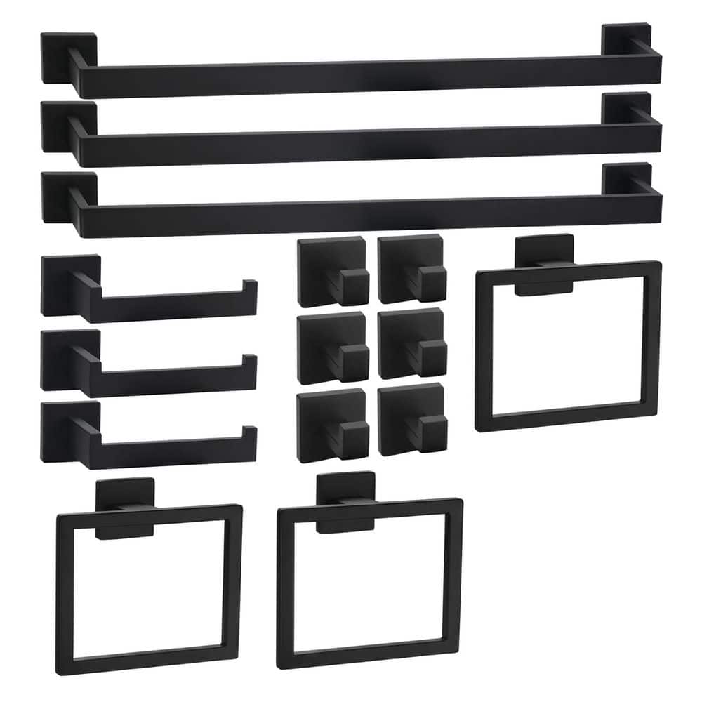 Anqtovp 15 Piece Bathroom Hardware Set with Towel Bars, Toilet Paper Holders, Towel Rings, Hooks in Matte Black (1)