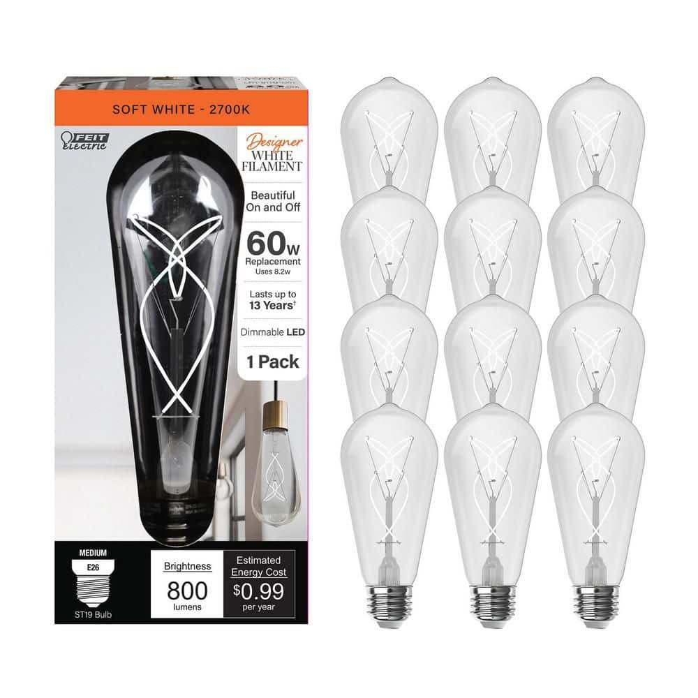 Feit Electric 60-Watt Equivalent ST19 Dimmable Knot Thin White Filament Clear E26 Vintage Edison LED Light Bulb Soft White (12-Pack)
